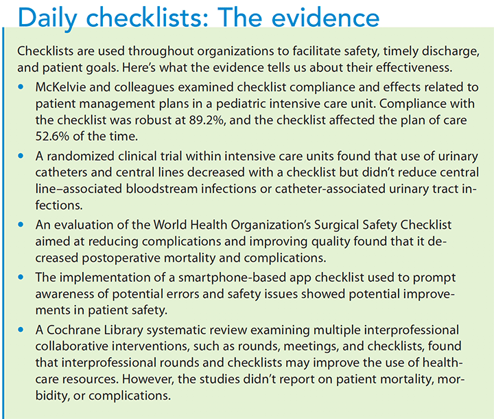 quality improvement daily checklist evidence